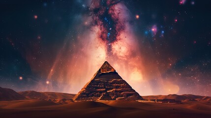 euphoria dreamy aura atmosphere, collage illustration style of big pyramid under galaxy night sky, Generative Ai
