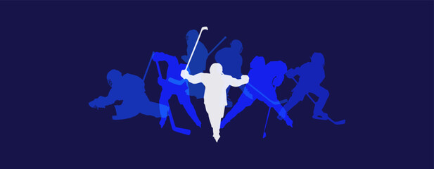 Sport Ultramarine blue banner with silhouettes kid hockey players. Emotions of joy and victory. Winner. Hockey horizontal background for placing text.