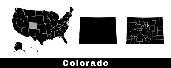 Map of Colorado state, USA. Set of Colorado maps with outline border, counties and US states map. Black and white color.