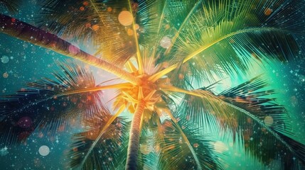 Fototapeta premium worm eye view of coconut tree with bokeh sunlight in dreamy atmosphere, Generative Ai