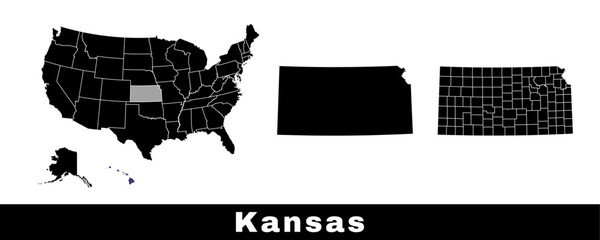 Map of Kansas state, USA. Set of Kansas maps with outline border, counties and US states map. Black and white color.
