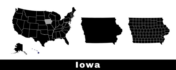 Map of Iowa state, USA. Set of Iowa maps with outline border, counties and US states map. Black and white color.