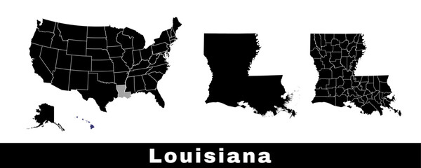 Map of Louisiana state, USA. Set of Louisiana maps with outline border, counties and US states map. Black and white color.