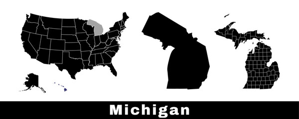 Michigan state map, USA. Set of Michigan maps with outline border, counties and US states map. Black and white color.