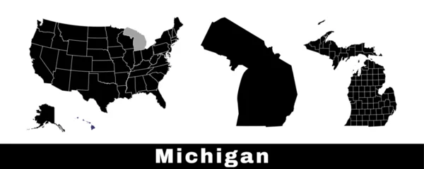 Foto op Canvas Michigan state map, USA. Set of Michigan maps with outline border, counties and US states map. Black and white color. © Kostiantyn