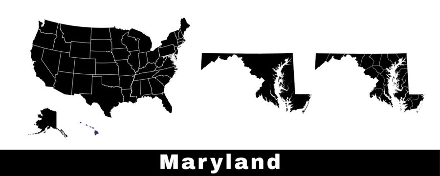 Map of Maryland state, USA. Set of Maryland maps with outline border, counties and US states map. Black and white color.