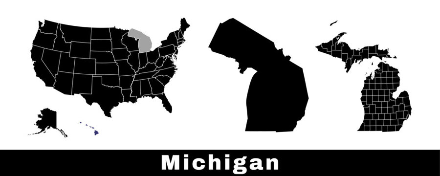 Michigan state map, USA. Set of Michigan maps with outline border, counties and US states map. Black and white color.
