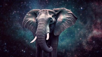 Fototapeta na wymiar euphoria dreamy aura atmosphere, collage illustration style of an elephant under star night, Generative Ai