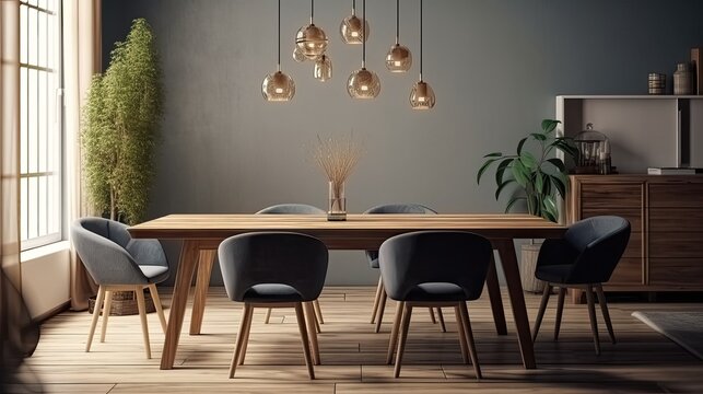 Interior design of modern dining room, wooden table and blue chairs. Created with Generative AI Technology. 
