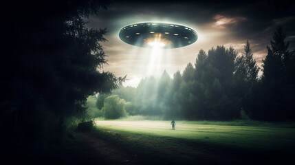 Alien abduction concept. Young man is abducted by UFO. Generative AI.