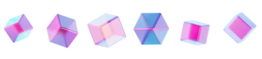 Cute cube in pink and blue neon colors, 3D rendering of cube, background transparency set - obrazy, fototapety, plakaty