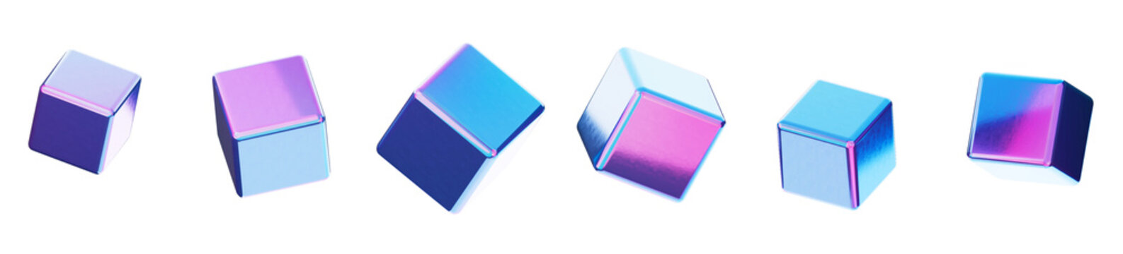 Fototapeta Set of pink and blue futuristic metallic 3D cubes, transparent background