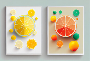 Geometric citrus fruit in a colorful and minimalist layout, generative art