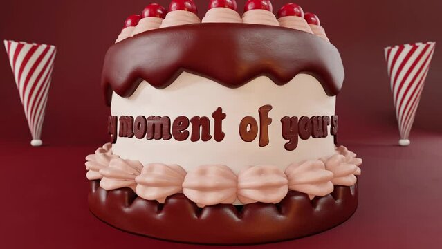 Cute birthday cake with party whistle and the phrase: Enjoy every moment of your special day. 3D animated greeting video