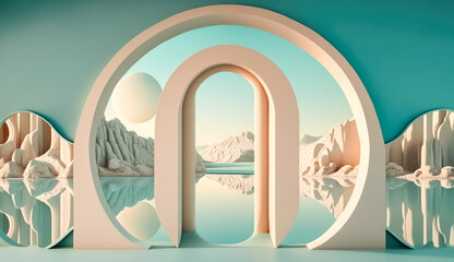Obraz na płótnie Canvas Simple geometric arches landscape. Minimal zen aesthetic wallpaper.Generative AI