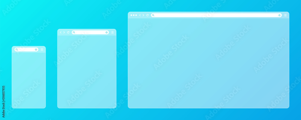 Poster blank transparent web browser window with toolbar and search field on colorful background. modern we