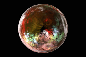 A multi-colored sphere of curved waves and shapes on a black background. Abstract fractal 3D rendering