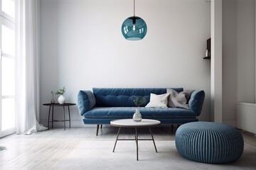 a pleasant apartment with a white plain furniture and a blue sofa. Generative AI