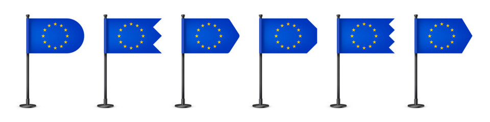 Realistic various European table flags on a black steel pole. Souvenir from Europe. Desk flag made of paper or fabric, shiny metal stand. Mockup for promotion and advertising. Vector illustration