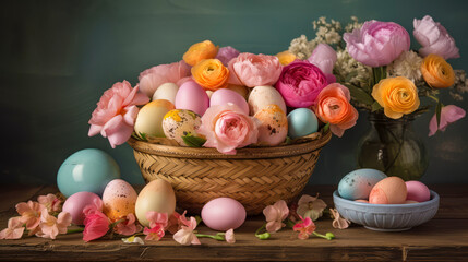 Fototapeta na wymiar Festive decorated easter table with easter eggs and flowers, Generative AI