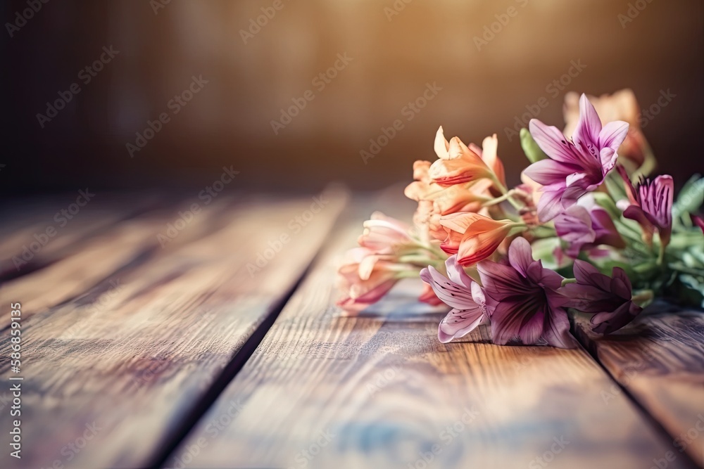 Wall mural colorful bouquet of flowers placed on a rustic wooden table. Generative AI