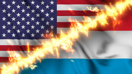 Illustration of a waving flag of Luxembourg and the United States separated by a line of fire. Crossed flags: depiction of strained relations, conflicts and rivalry between the two countries.