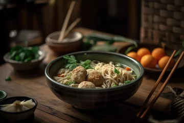 Foto op Canvas In Indonesia, mie ayam, or chicken, meatball, dumpling, and vegetable noodles, is a common street meal. On a wooden table, served in a bowl. photograph with selective focus and a blurred background Up © AkuAku