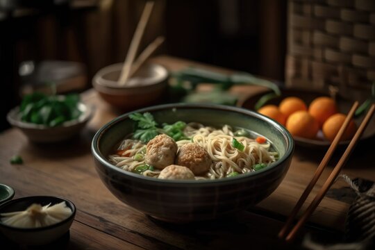 In Indonesia, mie ayam, or chicken, meatball, dumpling, and vegetable noodles, is a common street meal. On a wooden table, served in a bowl. photograph with selective focus and a blurred background Up