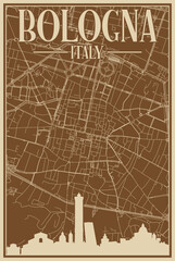 Colorful hand-drawn framed poster of the downtown BOLOGNA, ITALY with highlighted vintage city skyline and lettering