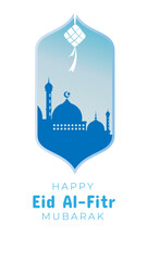 Eid al fitr greeting with mosque and ketupat in vertical format for social media status or story.