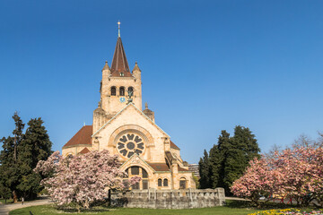 Fototapeta na wymiar St. Paul's Church with colorful meadow and spring flower in Basel, Switzerland