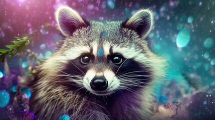 euphoria dreamy aura atmosphere, collage illustration style of cute raccoon under starfield space galaxy, generative Ai