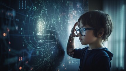 Illustration of genius child wearing glasses and using digital screen panel, hologram with virtual data. Abstract background. AI generative image. - obrazy, fototapety, plakaty