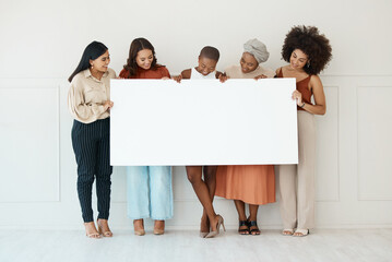 Women, diversity and poster with space for billboard, mockup or advertising on board. Strong and...