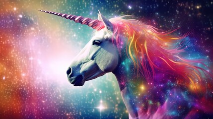 Fototapeta premium euphoria dreamy aura atmosphere, collage illustration style of colorful spectrum unicorn under starfield, Generative Ai