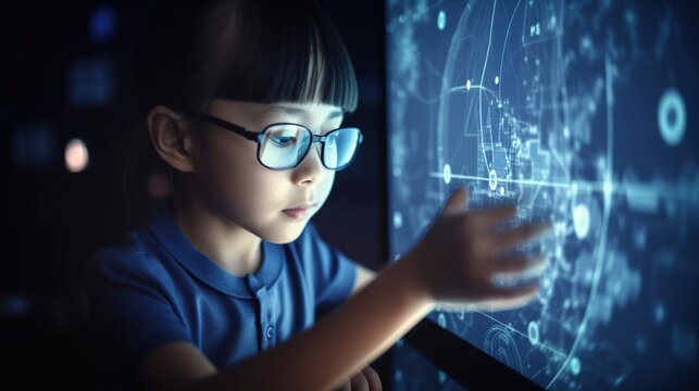 Illustration of genius child wearing glasses and using digital screen panel, hologram with virtual data. Abstract background. AI generative image.