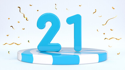 Text 21 standing on a striped stand, podium, stage surrounded by confetti. Greeting card, discount card, sale, holiday discount, birthday, grand opening. 3d render.
