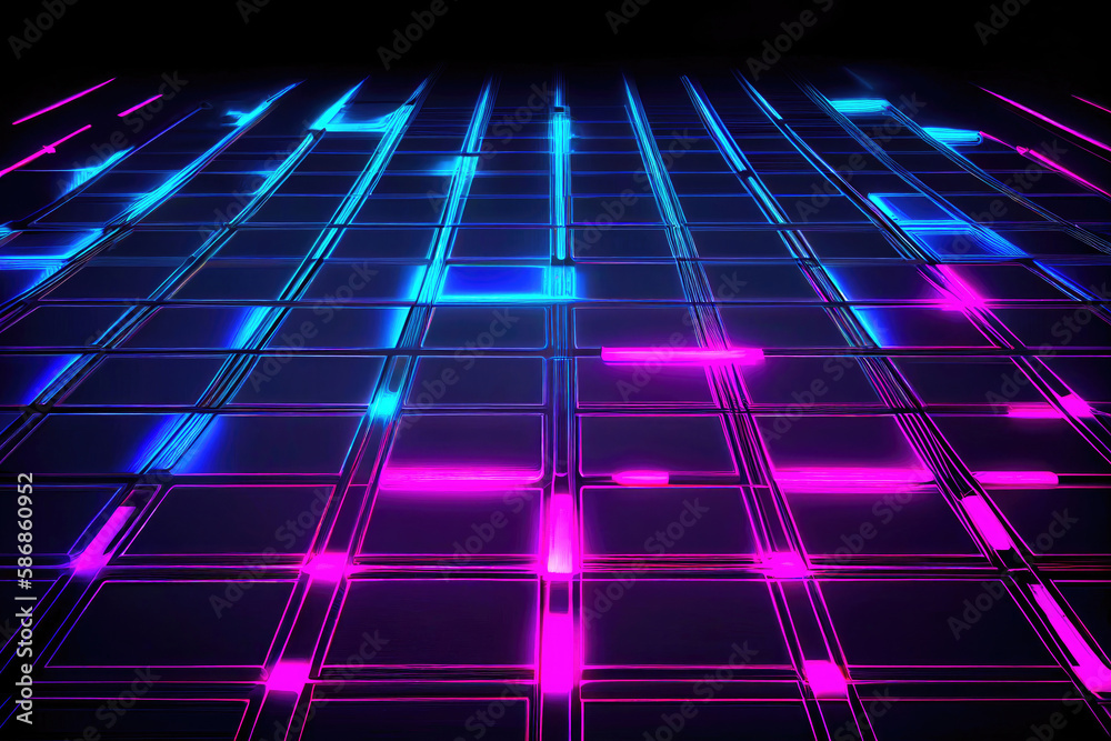 Poster abstract technology background, square grid with glowing lines, ai generation.