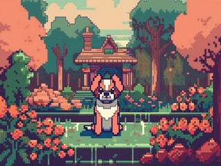 pixelart chinese temple and dog