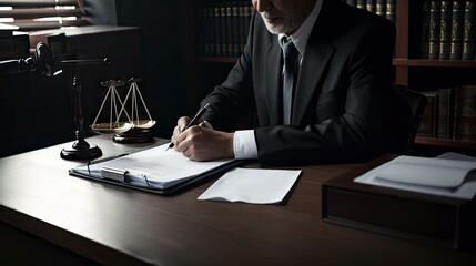 Lawyer, notary, attorney signs act, legal document. Businessman in suit copy space web banner concept. ai generative.