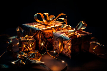 Multicolored wrapped Christmas gifts, created with Generative AI Technology