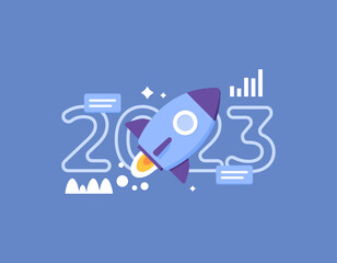 making new business in 2023. planning and strategy to develop business and success. launching a rocket or startup venture. resolution and improvement in 2023. illustration concept design. vector 