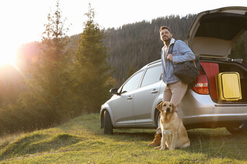Happy man and adorable dog near car in mountains. Traveling with pet