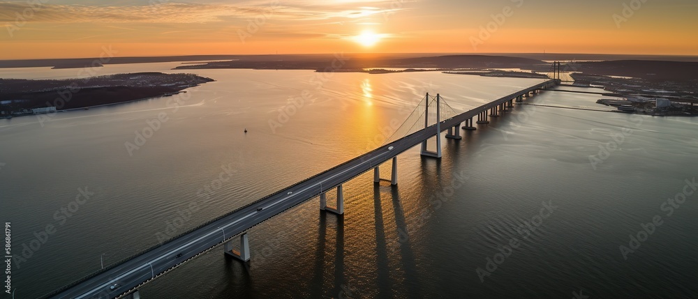 Poster beautiful view from the height of the bridge at sunset.aerial view. panoramic shot. generative ai