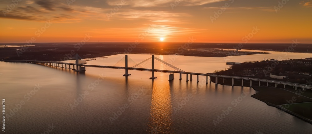 Poster beautiful view from the height of the bridge at sunset.aerial view. panoramic shot. generative ai