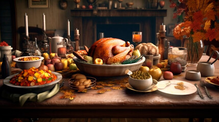Fototapeta na wymiar Thanksgiving food on the table, created with Generative AI Technology