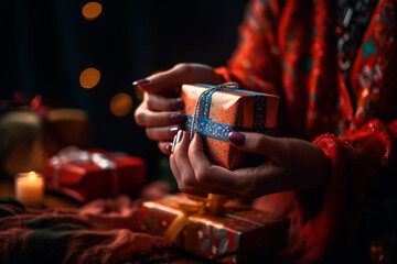 Close-up view as woman wrapping Christmas gift, created with Generative AI Technology