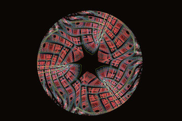 Dark red green round pattern of curved shapes with a hole on a black background. Abstract fractal 3D rendering