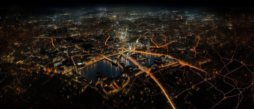 Fototapeta Map of the lights of the night city .Aerial view. Panoramic shot. Generative AI