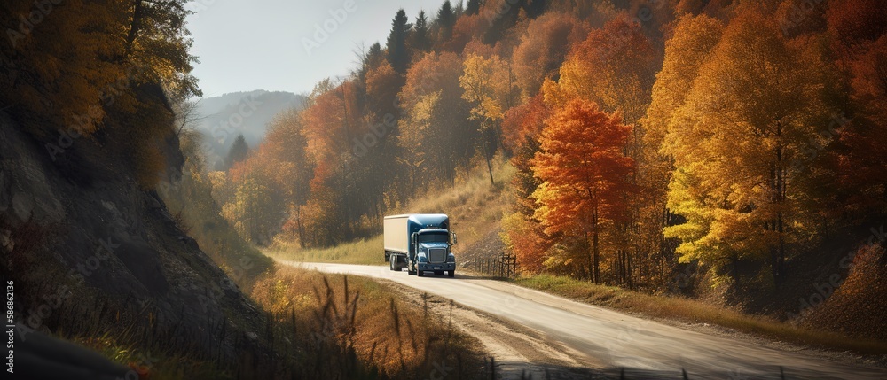 Poster autumn colorful trees on the side of the road with a truck.aerial view. panoramic shot. generative a